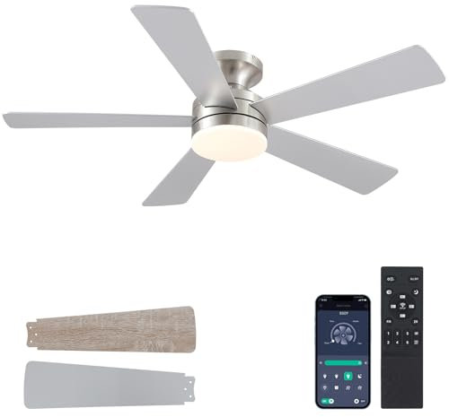 116cm Deckenventilator mit Beleuchtung und Fernbedienung/APP - Flush Mount Low Profile Ceiling Fan Light mit 3CCT dimmbar, moderne Ventilatorleuchte für Innenräume, überdachte Terrassen, Nickel