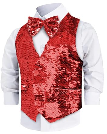 Dress Up America Sequin Vest with Bowtie - Red Sparkly Vest for Boys - Costume Dress Up Party Sequin Waistcoat for Kids - Boys Glitter Coat