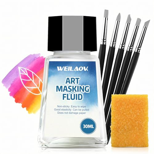 WEILAOK Fluide de Masquage Aquarelle, Fluide de Masquage la Peinture à L'aquarelle, Gomme de Masquage, Crêpe à Gratter Amovible pour Couvrir et Précis les Contours, Accessoires Inclus-30ML