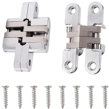 VooGenzek 2 Stücke 60mm Versteckte Kreuz Scharnier, 180 Grad Zinklegierung Verstecktes Scharnier, Unsichtbare Falttür-Kreuzscharniere, mit 8 Stücke Schrauben, für Möbel Hardware Falttür, Silber