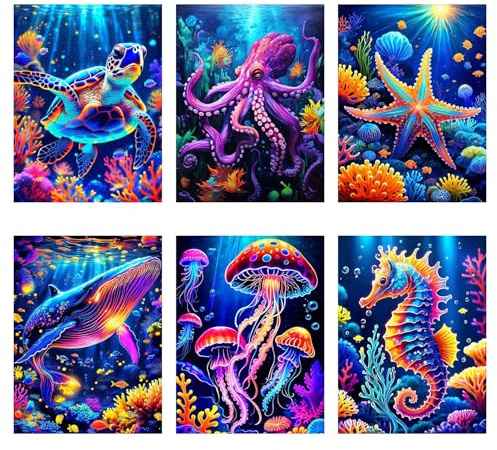 6 Pack Ocean Creatures Diamond Painting Kits for Adults,Colorful Sea Round Drill Diamond Art Kits for Beginners,DIY Marine Animals Crystal Gem Art Painting and Crafts for Home Wall Decor 12x16 lnch.