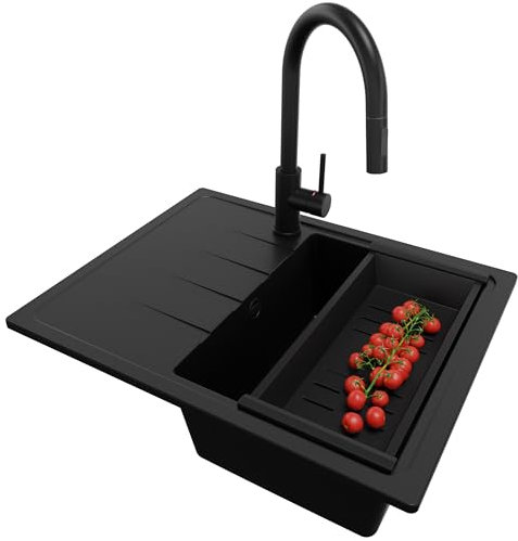 PRIMAGRAN Evier Cuisine en Granit Tout Noir 62x50cm, Lavabo 1 bac + Kit de Vidage, Évier à Encastrer al mueble 40cm - Milan S095