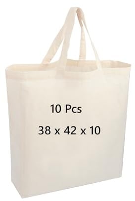 COTTON BAGS PACK OF 10 100% Cotton, 38 x 42 x 10 secured short handle with double and cross stitch, Shopping Bags, Eco Friendly Shoppers, natural cotton shopping tote bags for groceries and reusable