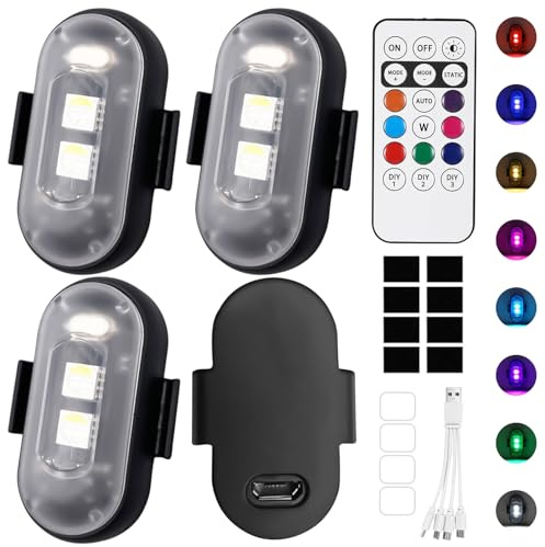 4PCS Wireless LED Strobe Lights with Remote Control, 8 Colors IP65 Waterproof Anti-Collision,Long Battery Life USB Rechargeable LED Ambient Lights for Car Bike Truck Camping (Adhesive Tape)