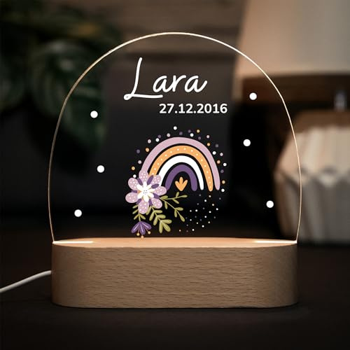 LARIFEE Nachtlicht Regenbogen Blumen mit Name – Personalisiertes LED Nachtlicht für Kinder – Lampe aus Acrylglas & Holz, dimmbar – Geschenk zur Geburt oder Taufe