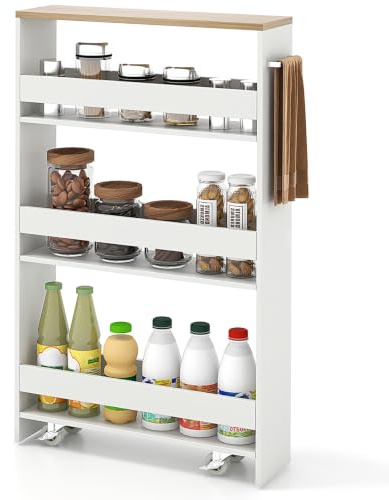 COSTWAY Chariot de Rangement 13 cm à roulettes, Desserte de Cuisine Etroit à 4 Niveaux avec Poignée Latérale et Roues Universelles avec Freins, Design Étroit pour Petit Espace (Blanc+ Naturel)
