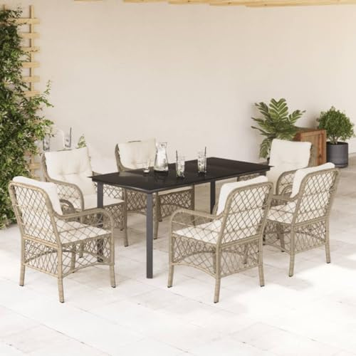 Ziaphsol 7-TLG. Garten-Essgruppe mit Kissen Beige Poly Rattan, UV-beständig, 160x80cm Tisch, für Terrasse, Balkon, Essbereich im Freien, inklusive 6 Stühle & Kissen