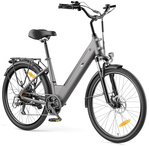 Touroll 26 Zoll E-Bike Damen Herren City Trekkingrad 25km/h, 250W Motor 45Nm, 100km Reichweite, Abnehmbarer Akku, 7-Gang, Federgabel, Scheibenbremsen mit LED Licht - Tiefer Einstieg