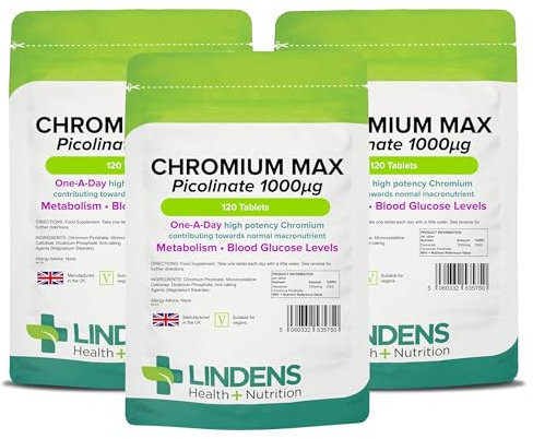 Lindens Chromium Max 1000mcg Picolinate - 360 Vegan Tablets | Normal Blood Sugar Levels, Metabolism | Mega Potency (2500% NRV) | 12 Months Supply, UK Manufacturer, Letterbox Friendly