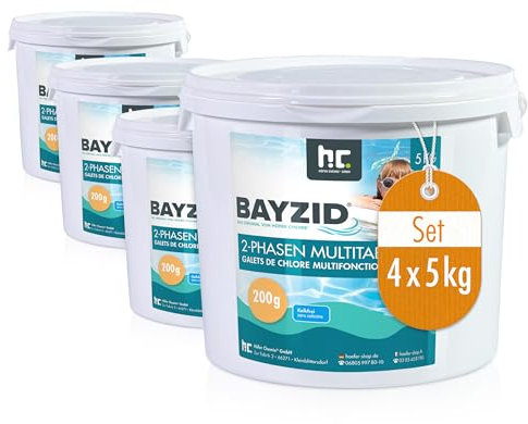 Höfer Chemie 4 x 5kg Chlor Multitabs 6 in 1-200g Chlortabletten - 2 Phasen Wirkung zur Schockchlorung & Langzeitpflege - Desinfektion, Algenverhütung, Trübungsentfernung, Kalkvermeidung, pH-Wert
