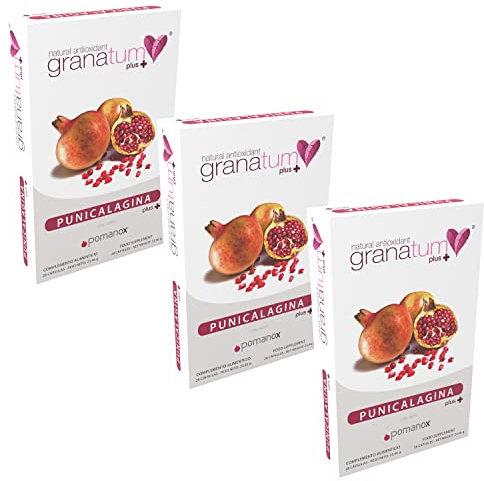Granatum Plus - Punicalagina Plus - Complemento Alimenticio - Extraído de Granadas - Suplemento Antioxidante - Digestión y Metabolismo - Cuidado de Piel - Producido en España - 3 Cajas 28 Comprimidos