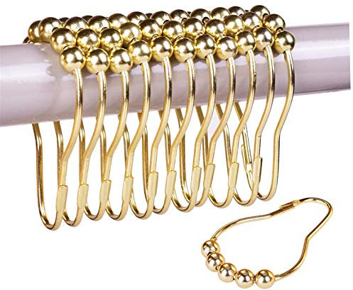 YS Shower Curtain Hooks Curtains Liner Ring Metal Hook Hanger Gold Polished Chrome Hangers for Curtain Rails Roller Rods Set of 12 Pcs