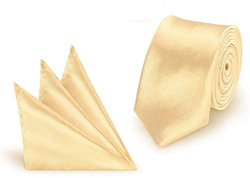 StickandShine 2 in 1 SET hochwertige Satin Polyester Krawatte + Einstecktuch Hellgold slim 5 cm Breite und 148 cm Länge