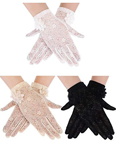 Skylety 3 Pairs Lace Gloves for Women Short Floral Tea Party Lace Halloween Dressy Up Gloves for Wedding Parties(Black, White, Skin Color)