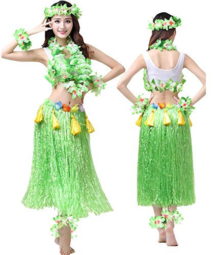 G-LIKE Hula Tanz Kleid Kostüm - Hawaii Tanzkleid Grasrock Zubehör Sexy Outfit Kleidung Set Verzierung Quasten Blumen Party Cosplay Maskerade Strandurlaub für Damen Mädchen - Kunststoff 8 In 1 (Grün)
