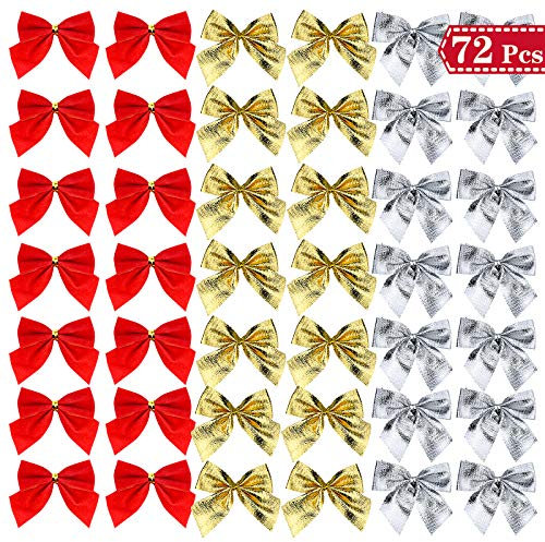 KARAA 72 Stück Klein Weihnachtsschleifen am Weihnachtsbaum Sliber/Gold/Rot Dekorative Band 5-6cm Anhänger für draußen Wetterfest Weihnachtsbaum Anhänger Weihnachtskranz Geschenk Party Dekoration