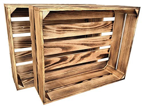 2er Set Holzkiste Groß Aus Holz - massive Weinkisten Vintage 50x40x15cm - Holzbox Für Aufbewahrung, Holzregal - Robuste Obstkisten & Apfelkisten - Deko Kiste Für Küche, Wohnzimmer - Kiste Geflammt