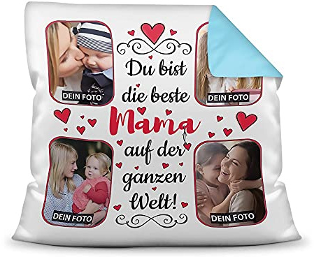 Print Royal Kissen mit Füllung zum selbst Gestalten mit 4 Fotos - Für die Beste Mama - Hochwertige Kissenhülle mit Reißverschluss, Rückseite Hellblau, 40 x 40 cm