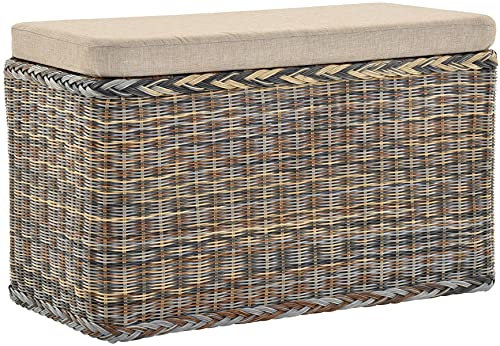 Rattan Wäschekorb Wäschetruhe Sitz gepolstert Honig, Flur-Bank Aufbewahrungsbox mit Deckel Bad-Hocker Sitzhocker Wäschesammler Sitz-Truhe Natur (Mehrfarbig, Rechteckig)