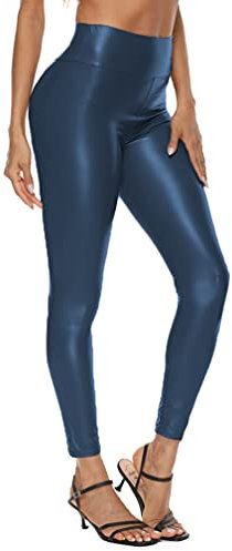 Jungerhouse Damen Lederhose Kunstleder High Waist Leggings Sexy Stretch Skinny Leggings Hohe Taille Hose Latex Lack Catsuit Wetlook Schlank Hüfthosen Strumpfhosen (2XL,Navy blau)