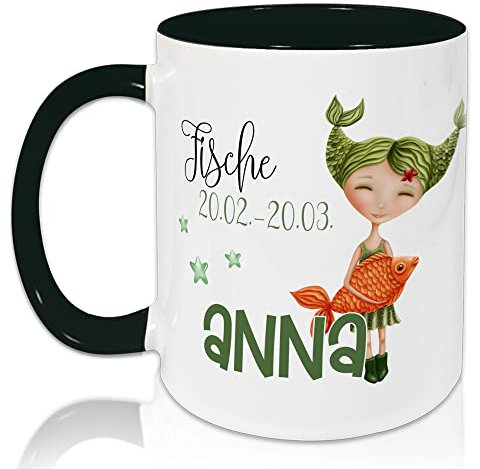 GRAZDesign Tasse Horoskop, Sternzeichen Fische mit Datum und Namen, personalisiert, Keramiktasse Innen Schwarz, Außen weiß (Fische)