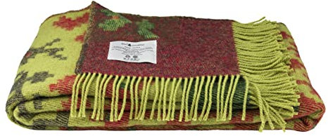 ÖJBRO VANTFABRIK Fästfolk Evelina&Ewald gewebte Wolldecke mit Fransen 130x200 cm lindgrün/grün/rot 100% Schafwolle Strick-Plaid Tagesdecke Quilt warm weich - Hergestellt in Schweden
