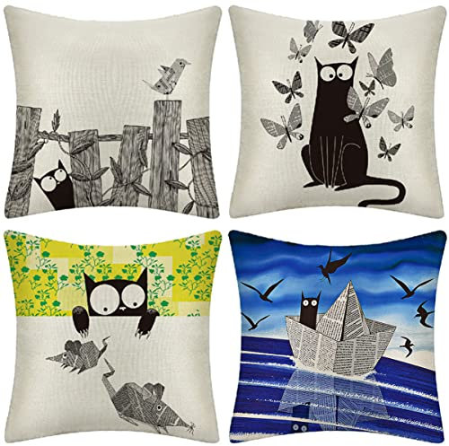 crazy bean 4er Set Kissenbezüge 45x45cm Polyester Leinen Kissenbezüge Niedliche Katzen Dekorativ Kissenbezug für Schlafzimmer Wohnzimmer Büro Garten Sofa(Schwarze Katze)