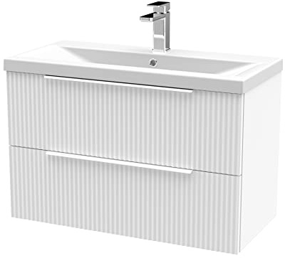 Hudson Reed DFF195A Fluted Modern Bathroom Wall Hung 2 Drawer Vanity Basin Unit with Mid-Edge Ceramic Basin, 800mm, Satin White