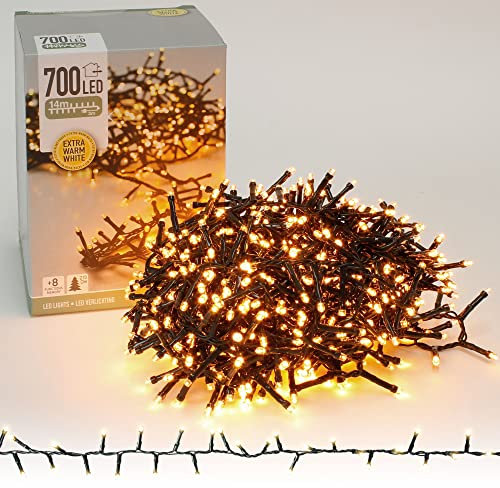ECD Germany LED Cluster Lichterkette 14m 700 LEDs Extra Warmweiß, 8 Modi, Strombetrieb, IP44 Wasserdicht, Innen/Außen, Weihnachtsbeleuchtung Weihnachtsbaum Clusterlichterkette Büschellichterkette