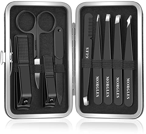 MORGLES Tweezers Set for Men 9 Pcs Nail Clipper Kit with Case for Grooming