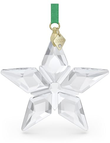 Swarovski Annual Edition Decorazione a Stella 2023, con Stella in Cristallo, Metallo Placcato in Tonalità Oro e Nastro Rayon Color Verde, Bianco