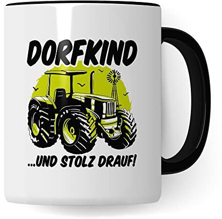 Tasse Dorfkind Geschenk, DORFKIND…UND STOLZ DRAUF Geschenkidee Dorfkinder Kaffeetasse mit Spruch lustig Kaffee-Becher Teetasse ländlich Humor Witztasse (Weiß/Schwarz)