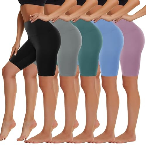 5 Pack Biker Shorts Women - 5/8 High Waist Spandex Workout Yoga Running Athletic(Black/Light Grey/Blue/Ins Green/Pink,Plus)