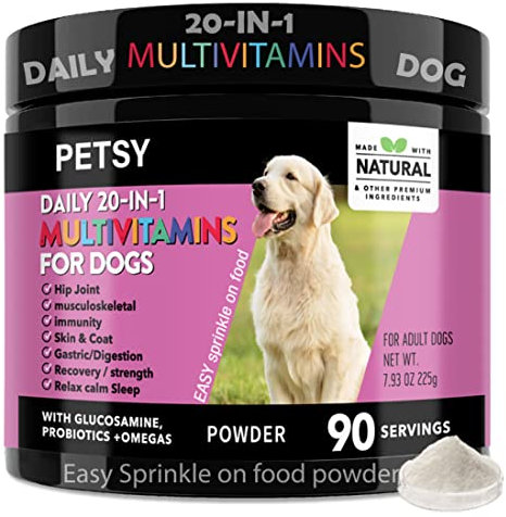 PETSY™ Dog Vitamins & Supplements 20-in-1 Essential Multivitamins, B2,B3,B6,B7,B12, Vit C, Folic Acid, Biotin, Glucosamine, Chondroitin, Wild Alaskan Salmon oil, Hemp Seed oil, Probiotics Blend