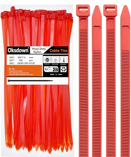 Oksdown Paquete de 100 bridas rojas gruesas de alta resistencia, grandes, 300 mm x 7,6 mm, plástico de nailon fuerte, autobloqueante, 30 cm, extra largas con cremallera