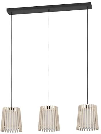 Eglo Pendant Lighting Fattoria | 3 lamp ceiling light fitting for dining room, hanging lamp made of bright wood, white fabric and black metal, E27 socket, 35
