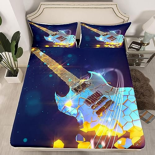 Gitarre Spannbettlaken 180x200 cm, Mikrofaser Bettlaken für Kinder Erwachsene, Boxspringbett Spannbetttuch bis 30 cm Matratzenhöhe, 3D Rock'n'Roll Bettlaken 180 x 200 Mit 1 x Kissenbezügen