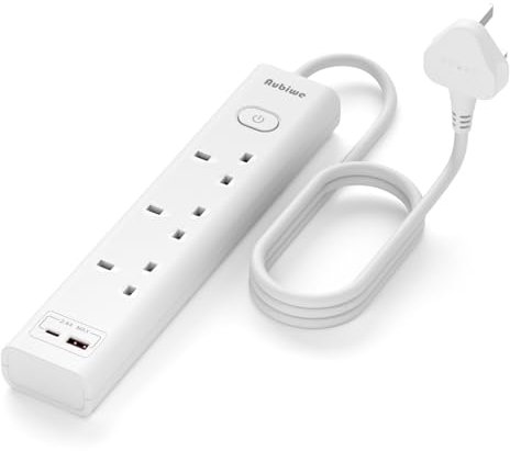 3 Way Extension Lead with 1 USB C and 1 USB A Port, White Plug Extension Sockets, 13A / 3250W Extension Cords with Main Switch