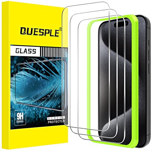 QUESPLE 3 Stück Panzer Schutz Glas, Schutzfolie für iPhone 15 Pro 6,1, Anti-Kratzen, Ultra-klar, Anti-Bläschen, 9H Härte Gehärtetem Glas Displayschutzfolie für iPhone 15 Pro