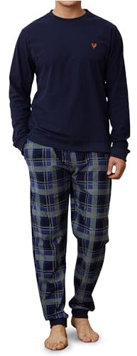 The Essentials Wardrobe Pigiama da uomo in pile morbidissimo a maniche lunghe, a quadri, taglia S-XL, A quadri blu/arancioni, XL