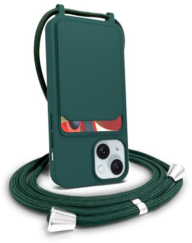 FOQENCCI Crossbody Case for iPhone 15 Plus with Card Holder,Liquid Silicone Slim Fit Shockproof Phone Cover for Women Men Wallet Case with Adjustable Lanyard Strap Dark-Green