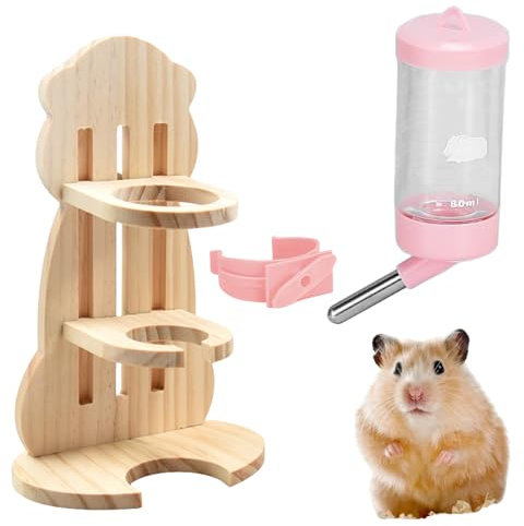 HOMURY Hamster Trinkflasche mit Ständer: Automatischer Wasserspender Einstellbar Tränke aus Holz Meerschweinchen Wasserspender 80 ml Kleintiertränke Auslaufsicher Düse, Meerschweinchen Zubehoer