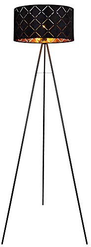 GLOBO Stehlampe Stehleuchte Beistelllampe Wohnzimmerlampe Schlafzimmerleuchte Stativleuchte, 3 Beine textilschirm schwarz gold, 1x E27 Fassung, DxH 69x149cm
