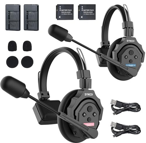SYNCO Xtalk X2 di cuffie intercom wireless per 2 persone Cuffie wireless 2.4G con microfono Batteria incorporata Trasmissione 350M/1148ft Monitoraggio in tempo reale da 3,5 mm