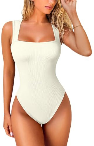 EMOTTOS Women'S Sexy Square-Neck Bodysuit, Slim Fit Casual Sleeveless Ribbed Tank Tops, Soft Crop Top Square Neck Bodysuit, Sexy Stripe Jumpsuit For Women,Black/Beige,S/M/L/XL