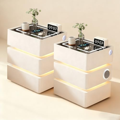GXSDYYDS LED Nachttisch Weiß 2er Set, mit 3 Schubladens, Bluetooth-Lautsprecher, 3 Licht Dimmbar, Automatischer Sensor und Kabelloses Laden, Modern Intelligent Sofatisch