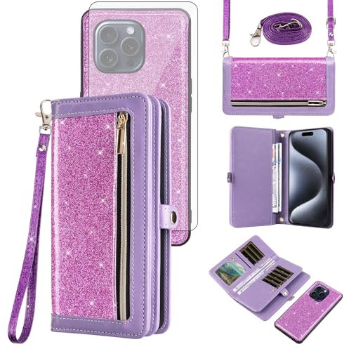 Asuwish Phone Case for iPhone 15 Pro Max 6.7 inch Zipper Wallet Cell Cover with Tempered Glass Screen Protector Strap Bling Glitter Flip Card Holder i Phone15 15Pro i15 ProMax 15ProMax Women Purple