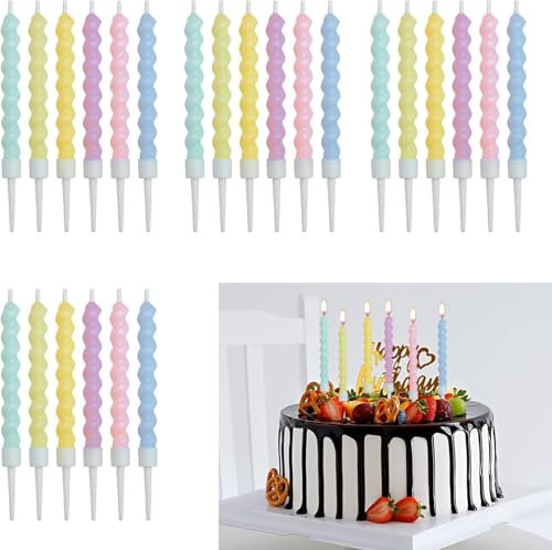 Birthday Candles for Cakes, 24pcs Spiral Happy Birthday Candle for Cupcake with Holder Decorative Multicoloured Pastel Candles for Anniversary Kids Children Cake Toppers Party Decoration Wedding
