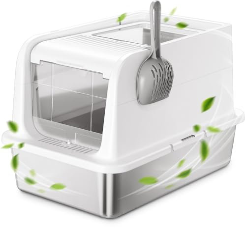 COURPAL® Stainless Steel Cat Litter Box with Lid - XL Large Covered Litter Tray with High Enclosure - Enclosed Open Adjustable Top Front 2 Exit Hooded Litter Pan - Odour Free | Easy Clean | Non-Stick