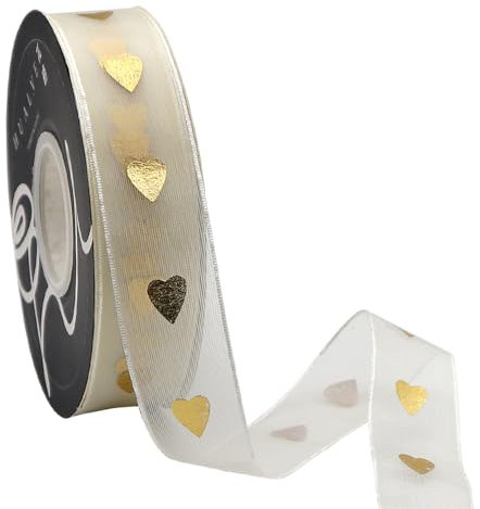 YDHfdc Geschenkband Gold 18m x 2,5cm Herz Bedruckt Satinband Schleifenband Stoffband Dekoband für Handwerk, Geschenkverpackung, Hochzeitsfeier, Blumen